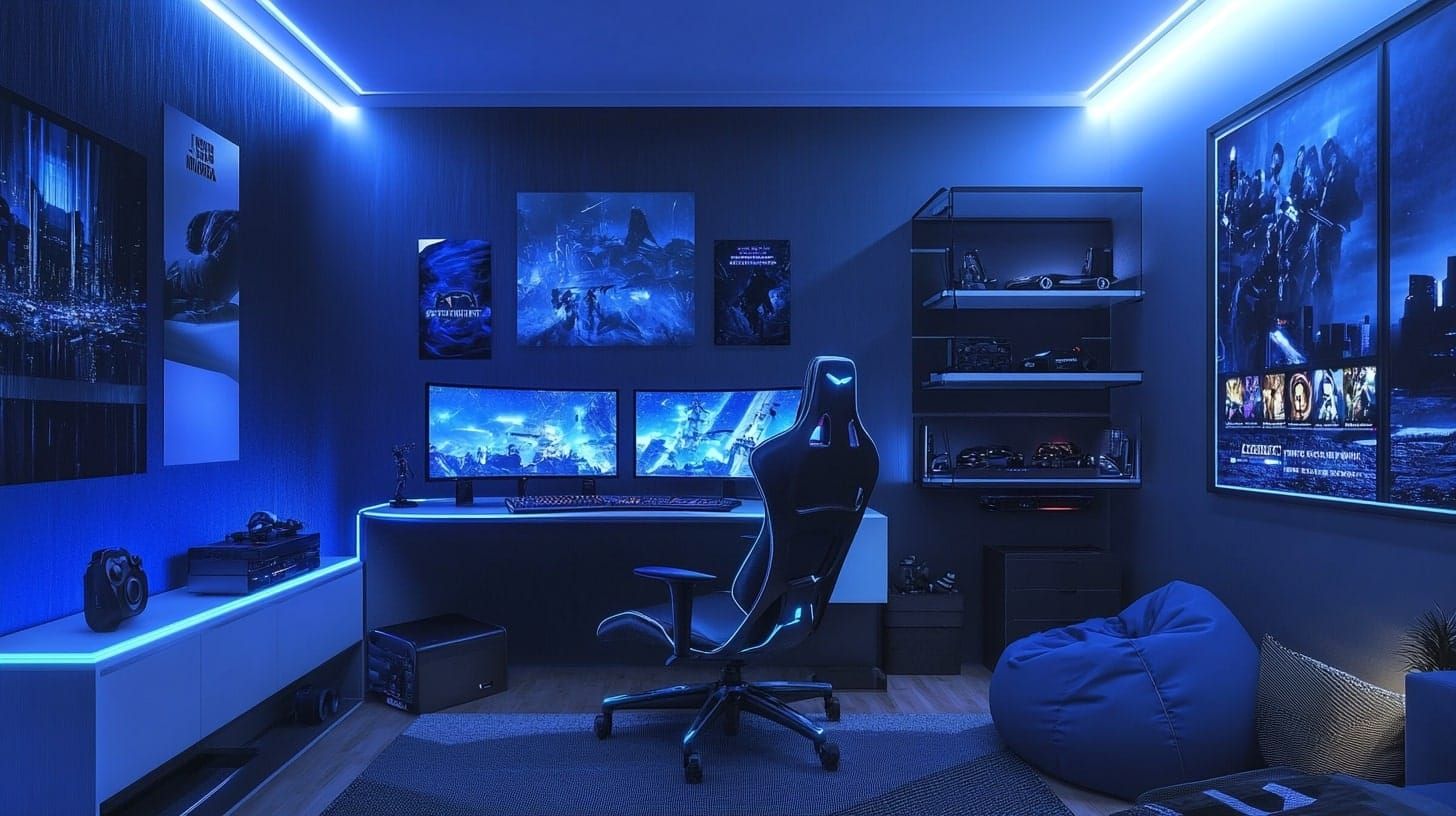 Atmospheric clean gaming desk setup